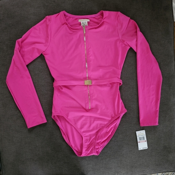 Michael Kors Other - Michael Kors Pink long Sleeve Zip Up Logo Belt One Piece Paddle Swimsuit Size 8